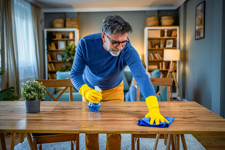 A man with OCD wearing gloves while cleaning the dining table