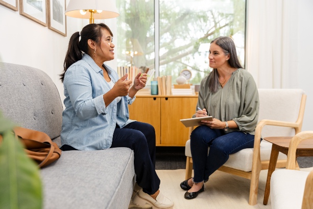Patient in a virtual consultation with a MindWell Urgent Care doctor for a telepsychiatry session
